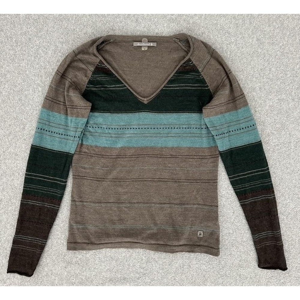 Smartwool Sweater Womens Small‎ Brown Striped V Neck Merino Wool Blend Knit